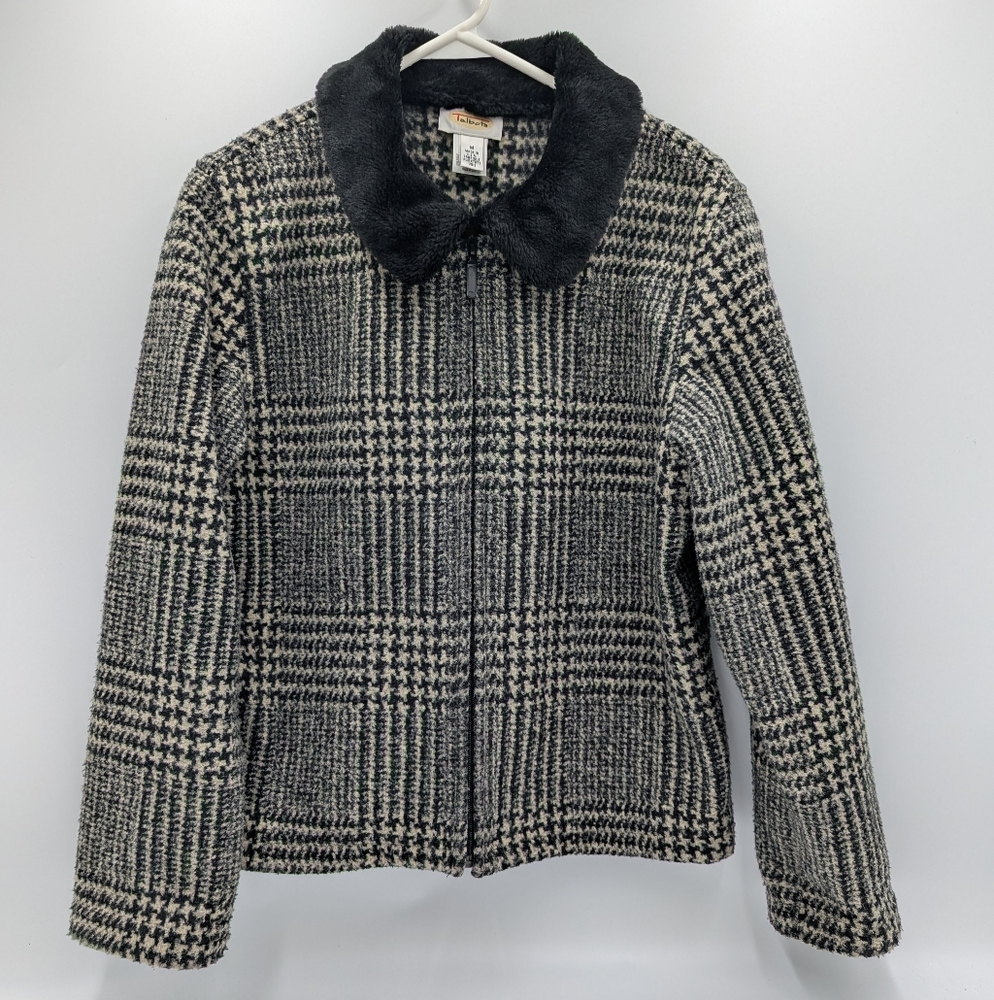 Vintage Talbots Houndstooth Jacket Zip Medium Faux Fur Collar Preppy gray winter